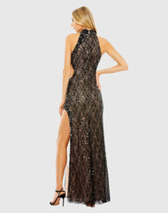 Black Side Cut Out High Neck Sequin Gown