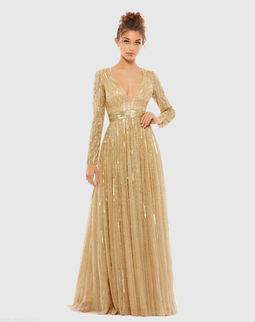 Sequined V Neck Illusion Sleeve A Line Gown