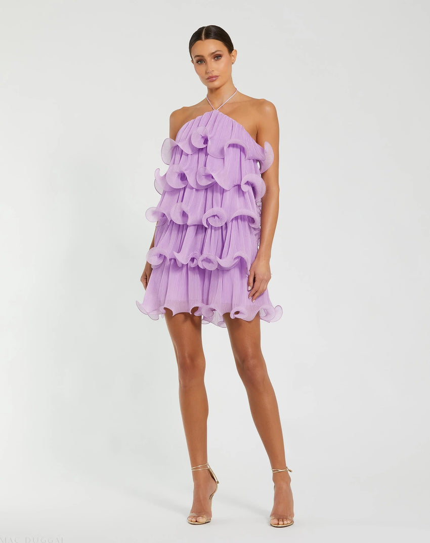 Purple Crinkle Chiffon Tiered Ruffle Mini Dress