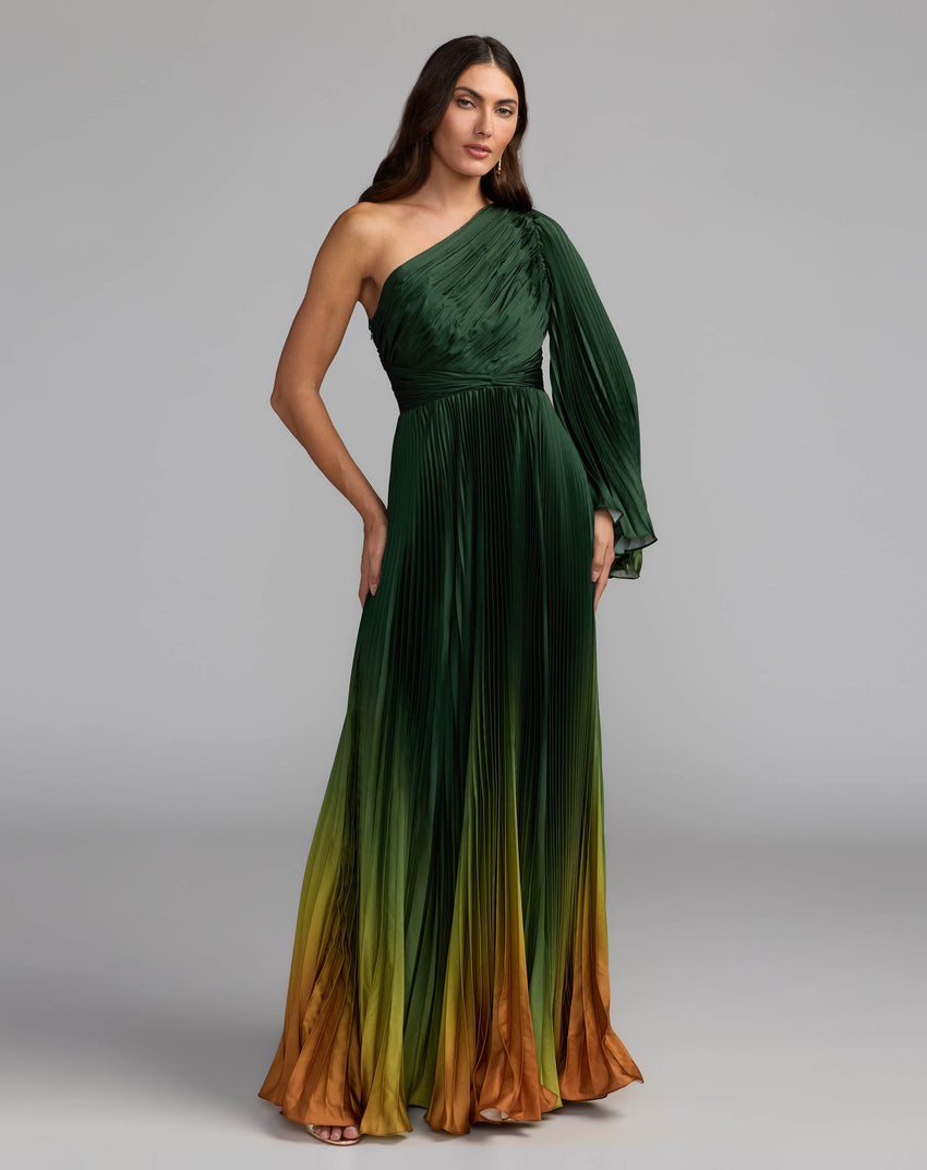 Green Ombre Pleated Charmeuse One Shoulder Ombre Gown