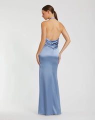 Blue Fitted Satin Sleeveless Halter Gown With 3D Flower