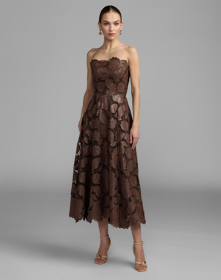 Brown Strapless Floral Leather A-Line Midi Dress