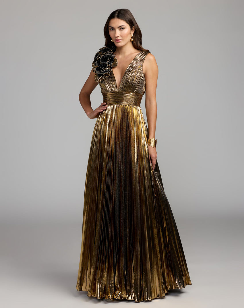 Gold Sleeveless Metallic V-Neck Gown With Ruffle Detail
