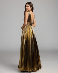 Gold Sleeveless Metallic V-Neck Gown With Ruffle Detail