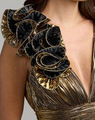 Gold Sleeveless Metallic V-Neck Gown With Ruffle Detail