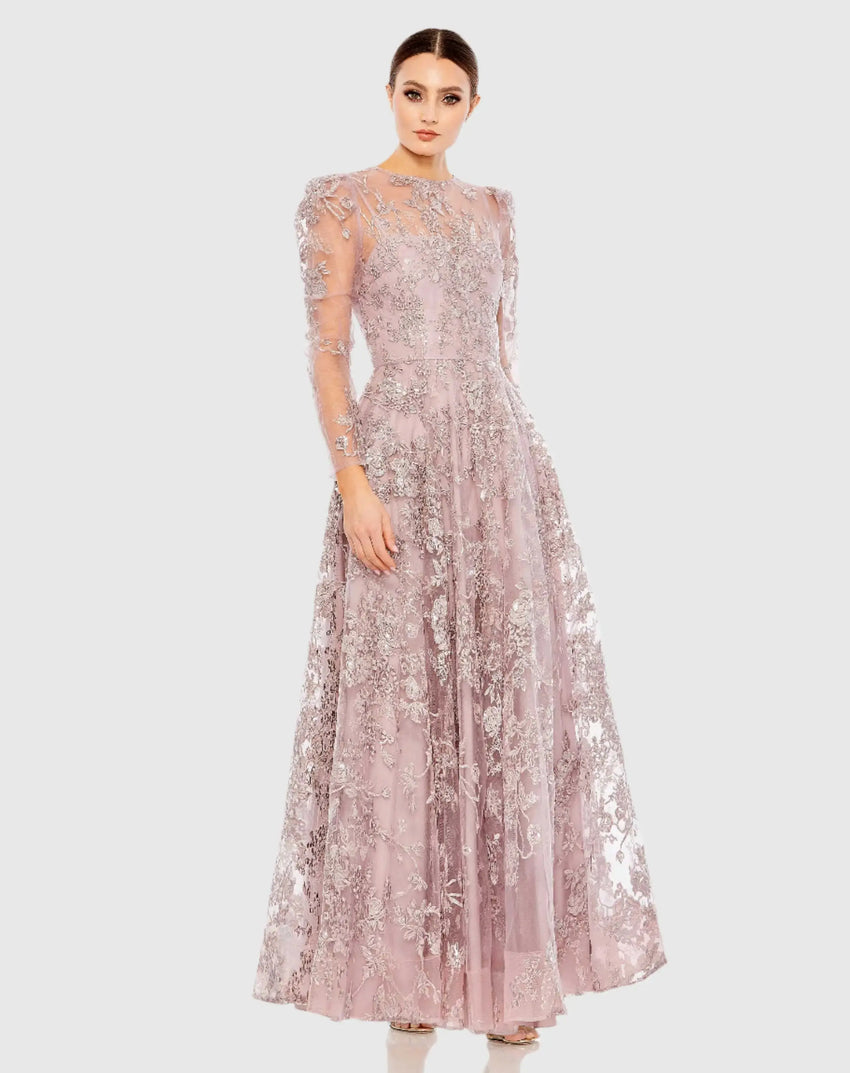 Purple Embroidered Illusion High Neck A Line Dress