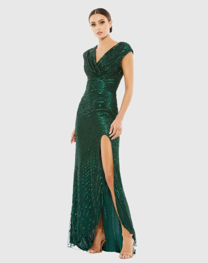 Green Embellished Cap Sleeve Evening Gown