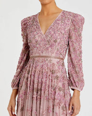 Pink Embellished V Neck Long Sleeve A Line Gown - FINAL SALE