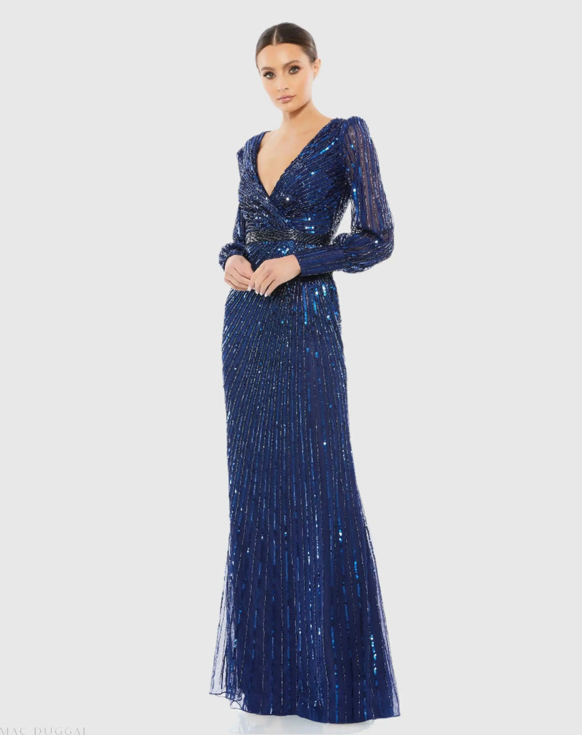 Navy Sequined Wrap Over Bishop Sleeve Gown