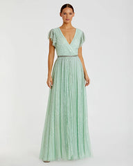 Sequined Wrap Over Ruffled Cap Sleeve Gown
