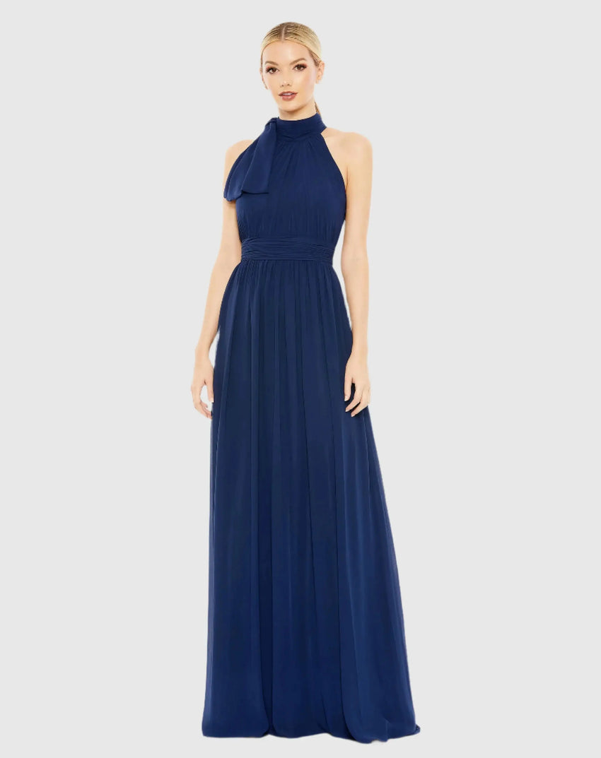 Navy High Neck Chiffon Gown