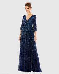 Sequined Wrap Over 3/4 Sleeve Gown
