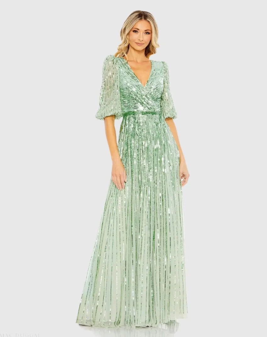 Green Sequined Wrap Over 3/4 Sleeve Gown