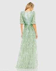 Green Sequined Wrap Over 3/4 Sleeve Gown