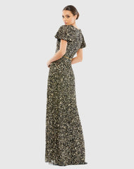 Black and Gold Sequined Wrap Over Butterfly Sleeve Draped Gown