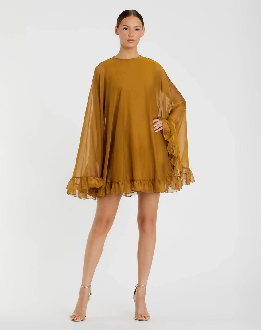 Dark Yellow High Neck Ruffle Hem Cape Mini Dress
