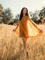 Dark Yellow High Neck Ruffle Hem Cape Mini Dress