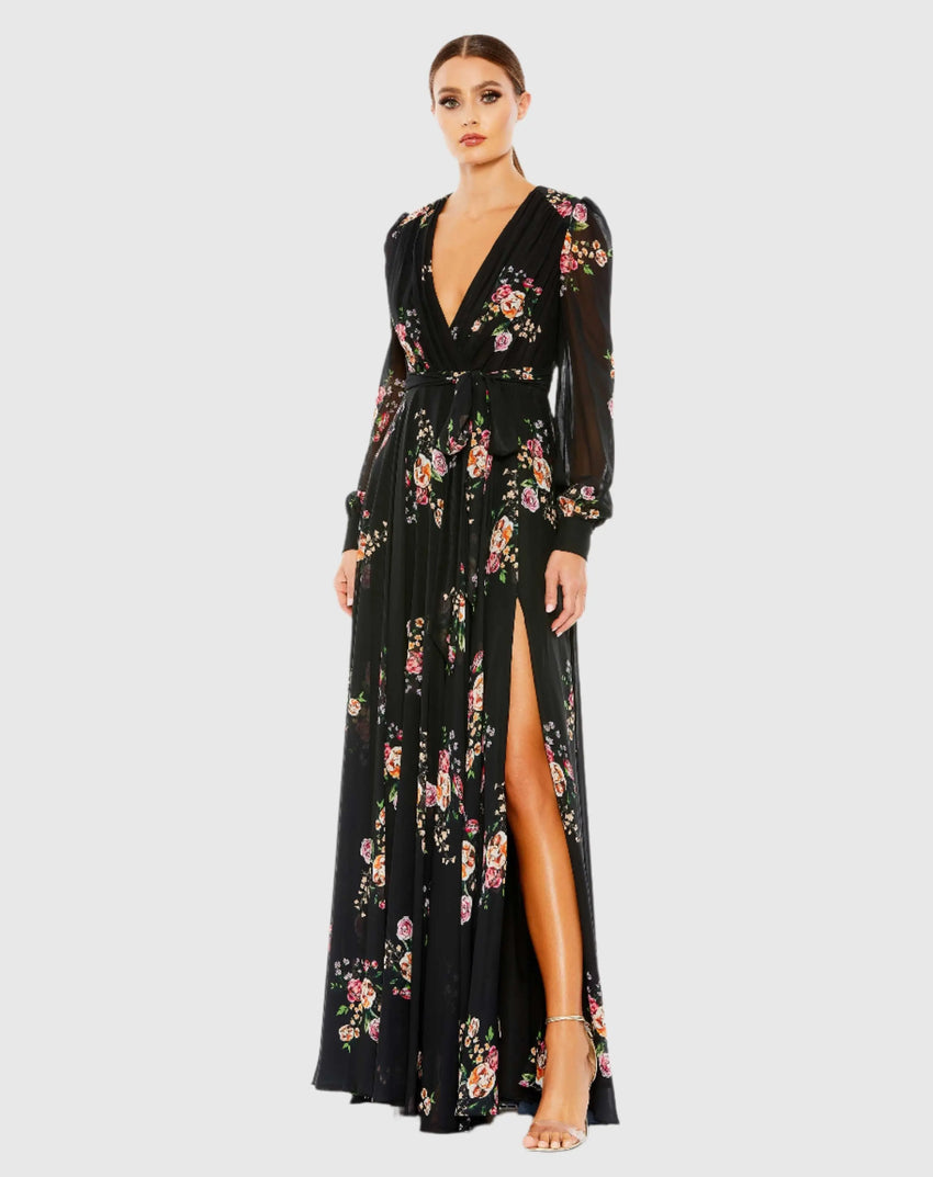 Black Belted Floral Print Illusion Long Sleeve Gown