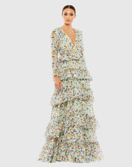 Green Floral Printed Tiered Ruffle Long Sleeve Gown