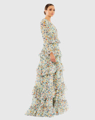 Green Floral Printed Tiered Ruffle Long Sleeve Gown