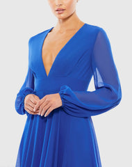 Blue V-Neck Illusion Long Sleeve Chiffon Gown