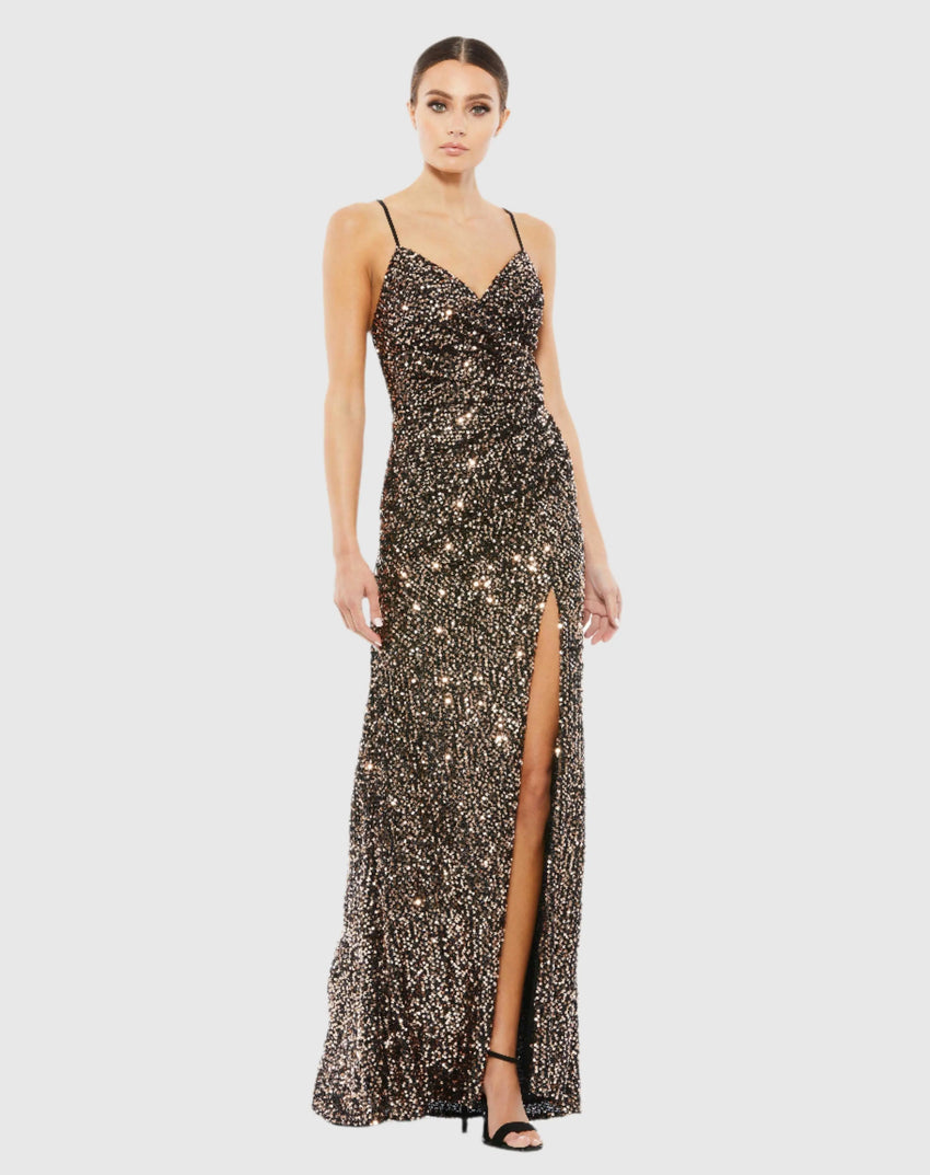 Black and Brown Gathered Waist Sequin Gown