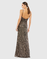 Black and Brown Gathered Waist Sequin Gown