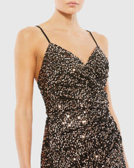 Black and Brown Gathered Waist Sequin Gown