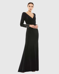 Black Beaded Cuff Long Sleeve Wrap Over Trumpet Gown