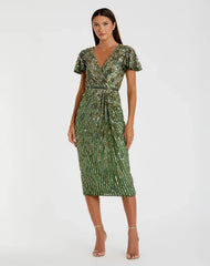 Green Embellished Faux Wrap Flutter Sleeve Dress