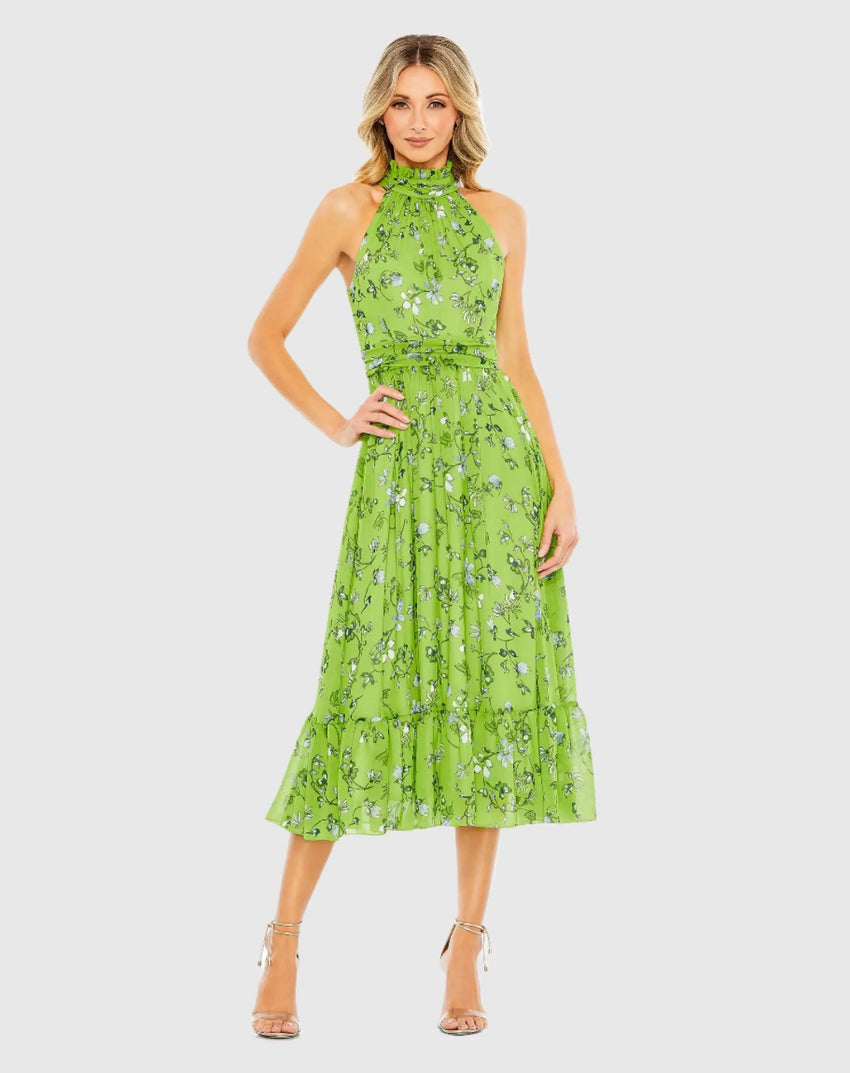 Green Floral Print High-Neck A-Line Midi Dress