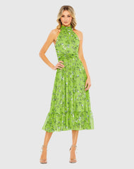 Green Floral Print High-Neck A-Line Midi Dress