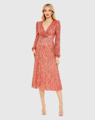 Red Sequined Puff Sleeve Wrap Over A Line Dress