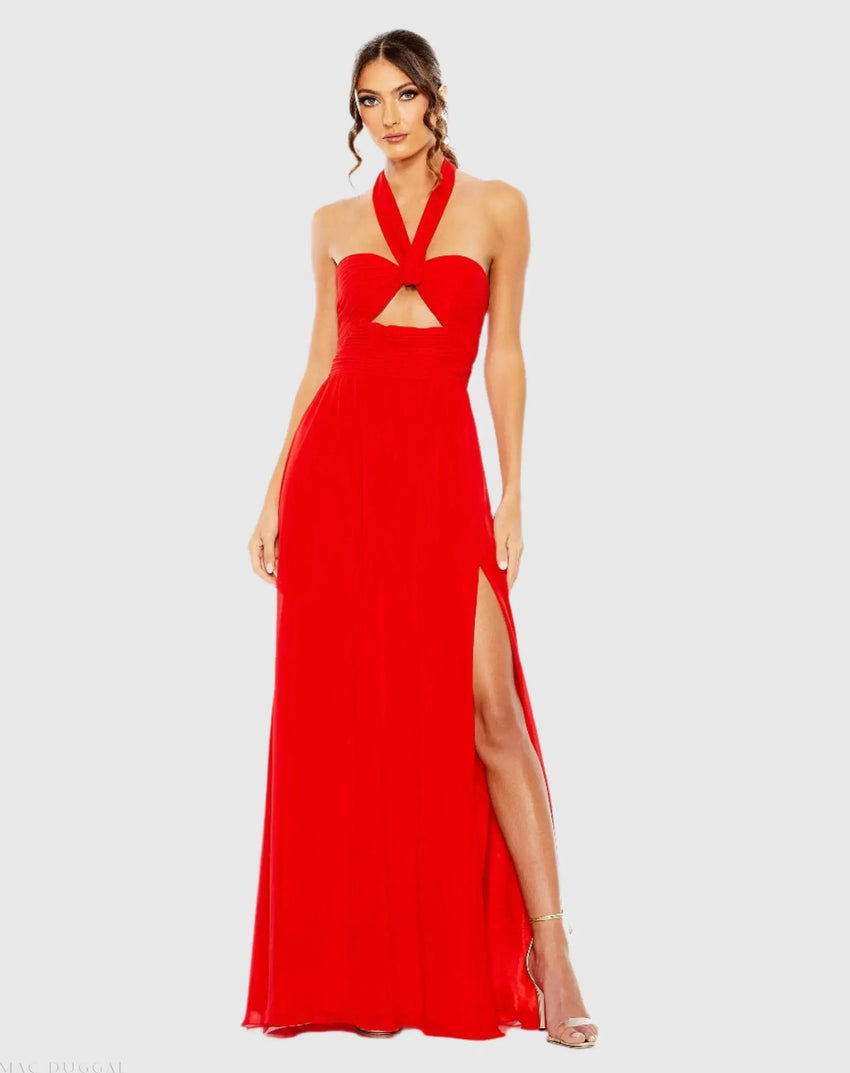 Red Ruched Halter Strap Keyhole Chiffon Gown