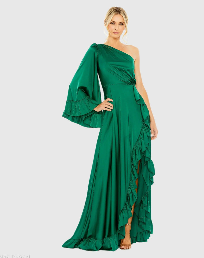 Long One Sleeve Asymmetrical Ruffle Hem Gown