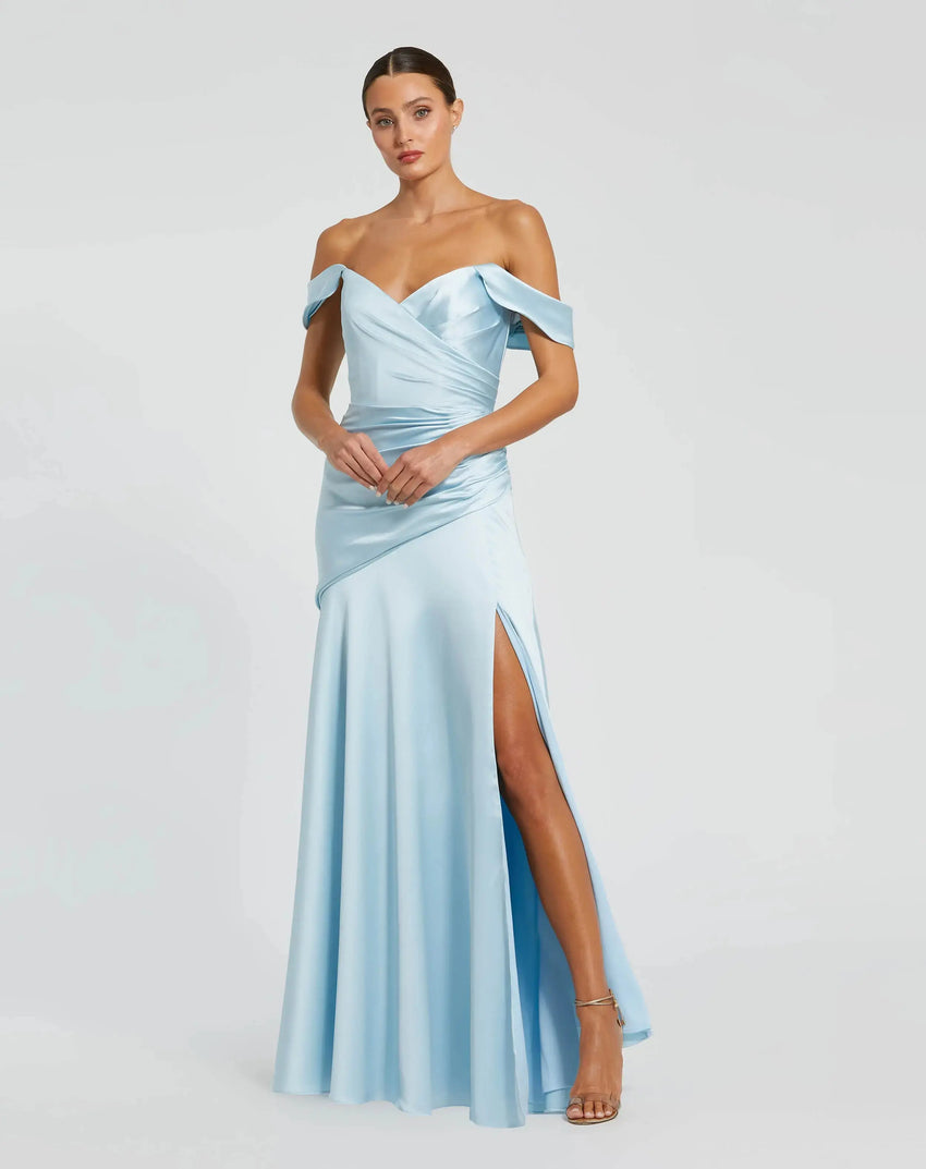 Blue Satin Off The Shoulder Crossover Gown