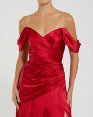 Red Satin Off The Shoulder Crossover Gown