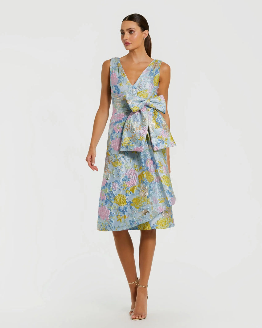 Blue Floral Brocade Sleeveless Midi Dress With Bow