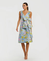 Blue Floral Brocade Sleeveless Midi Dress With Bow