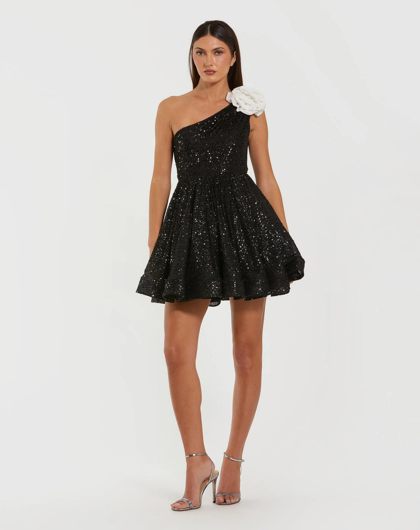 Black One Shoulder Sequin Mini Dress With 3D Flower
