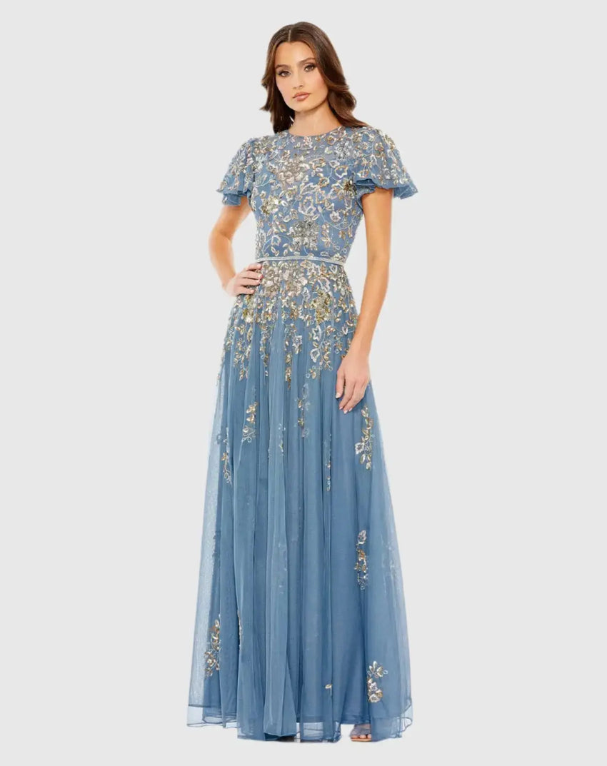 Blue Embellished Butterfly Sleeve High Neck Gown
