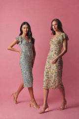 Blue Floral Sequin Embellished Flutter Cap Sleeve Dress