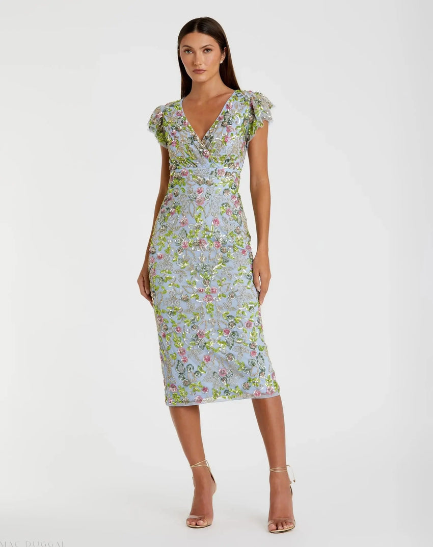 Blue Floral Sequin Embellished Flutter Cap Sleeve Dress