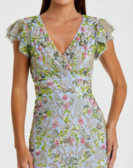Blue Floral Sequin Embellished Flutter Cap Sleeve Dress