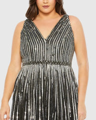 Black and Silver Sequined Striped Sleeveless V Neck A Line Gown (Plus)