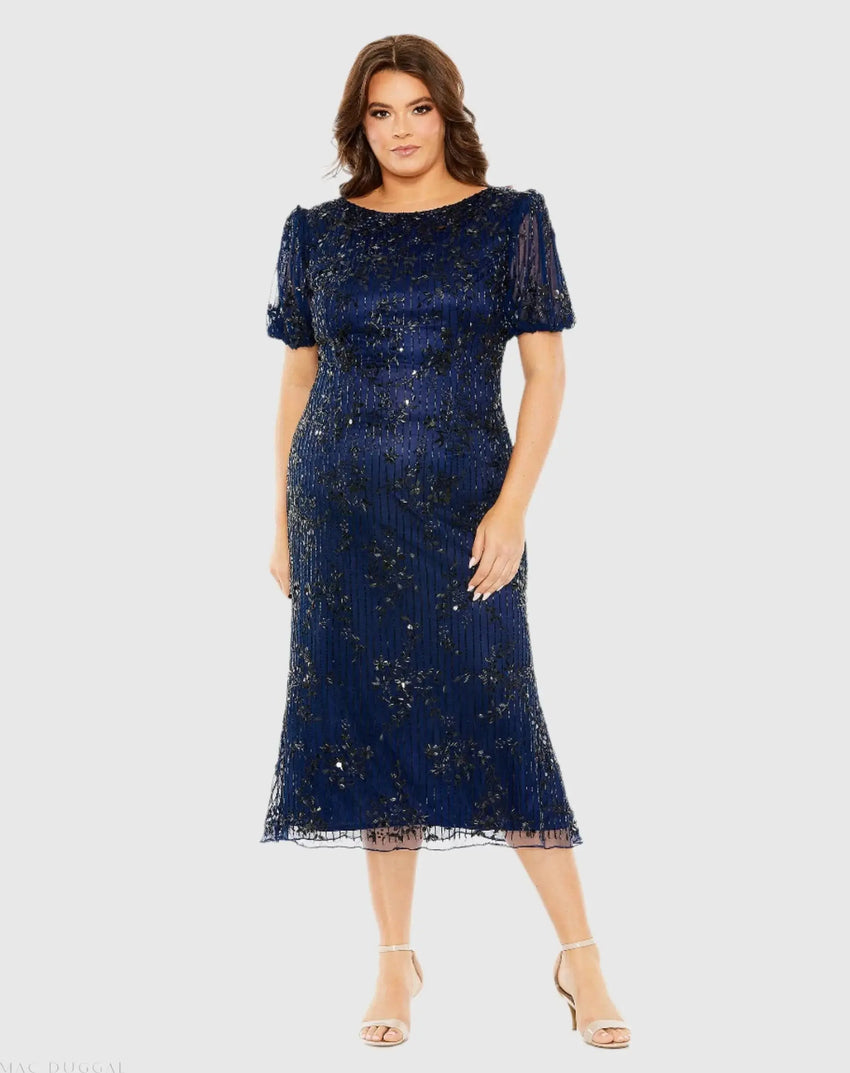 Navy High Neck Puff Sleeve Embellished Dress