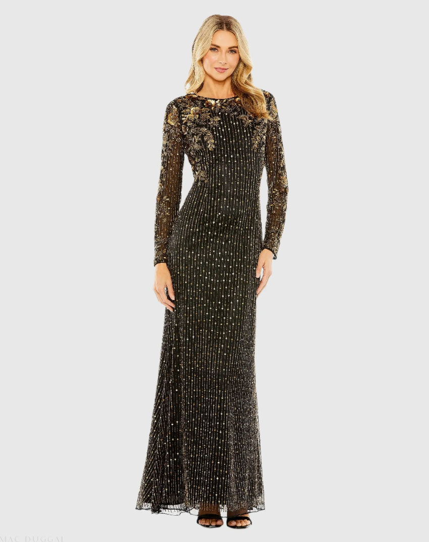 Black High Neck Long Sleeve Embellished Gown