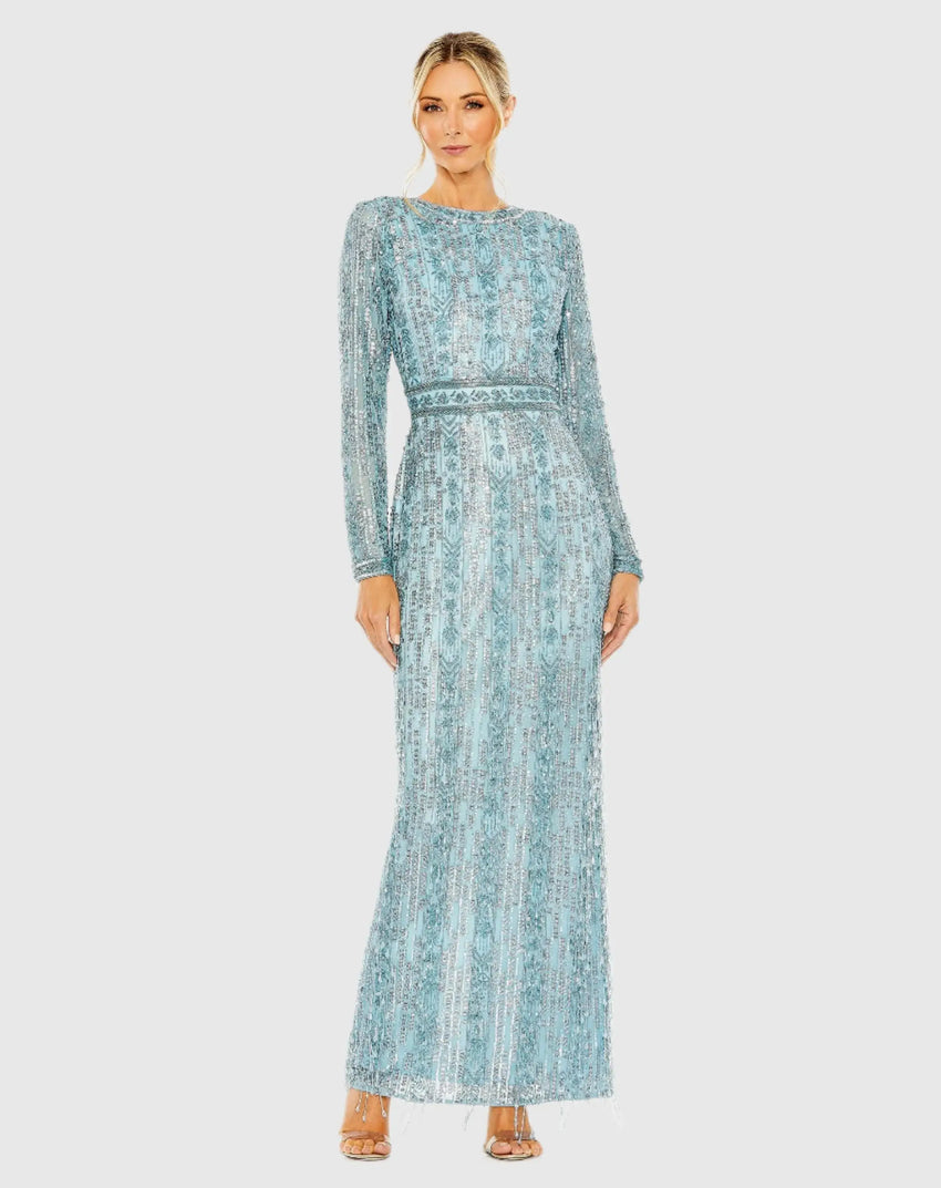 Blue Long Sleeve Beaded Gown with Crystal Fringe