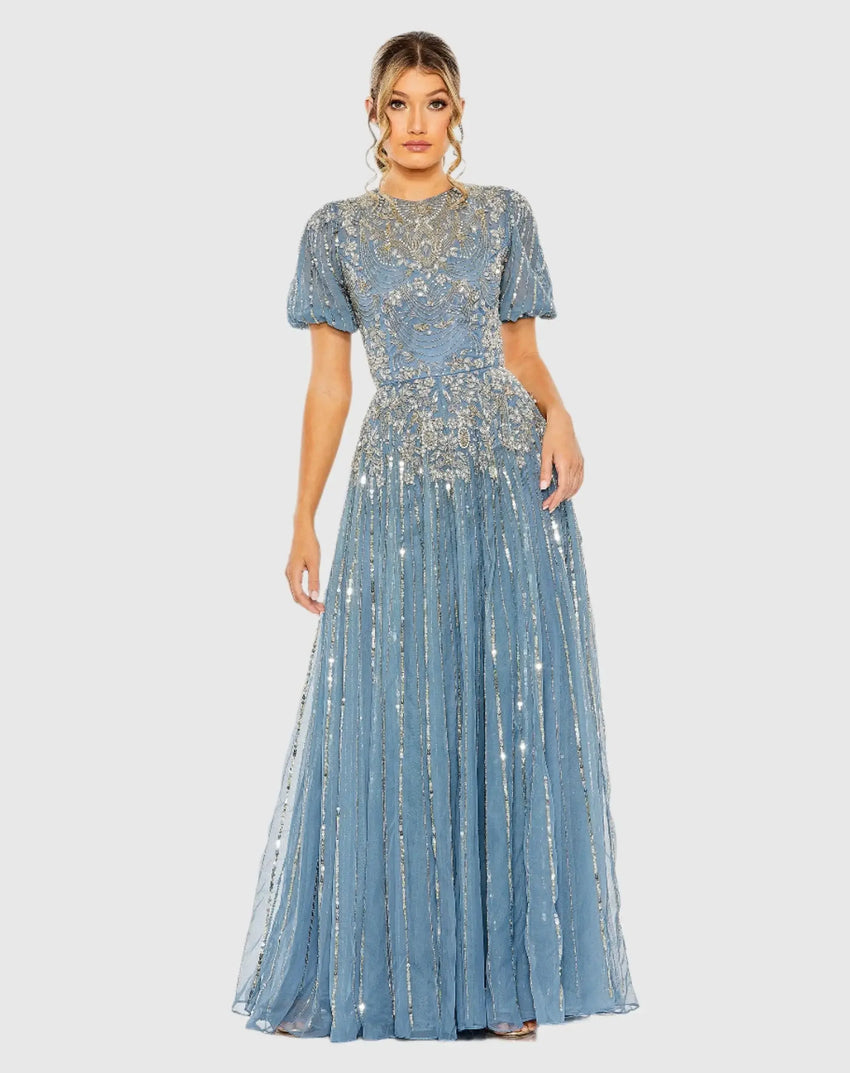 Blue High Neck Puff Sleeve Embellished A Line Gown