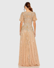 Beige High Neck Puff Sleeve Embellished A Line Gown